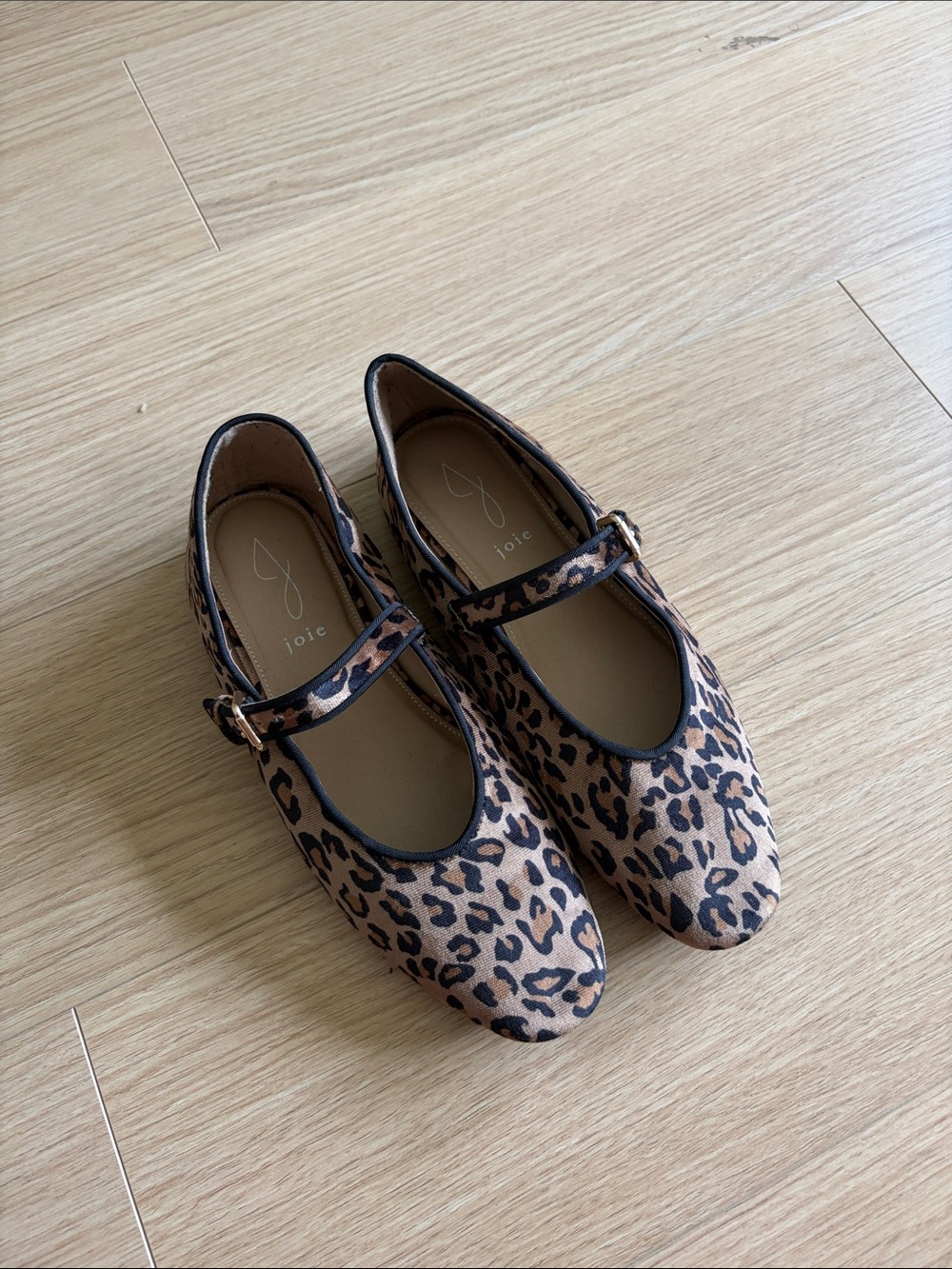 Joie Leopard-Pattern Mary Jane Flats in Tan and Black